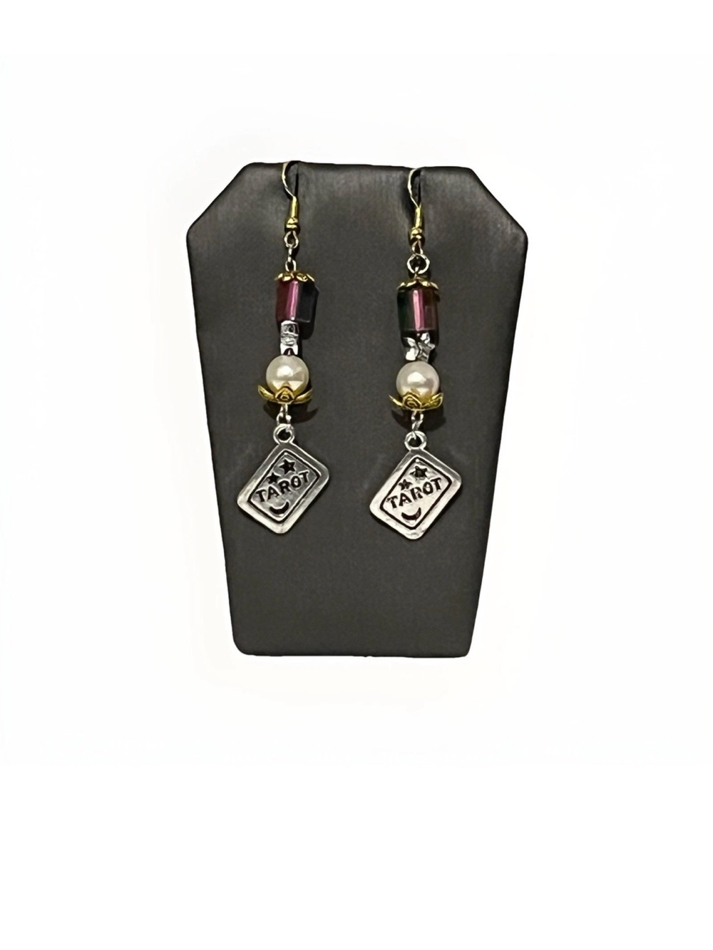 Tarot Card Dangle Earrings Mystic Celestial Star Silver Tone Faux Pearl Boho